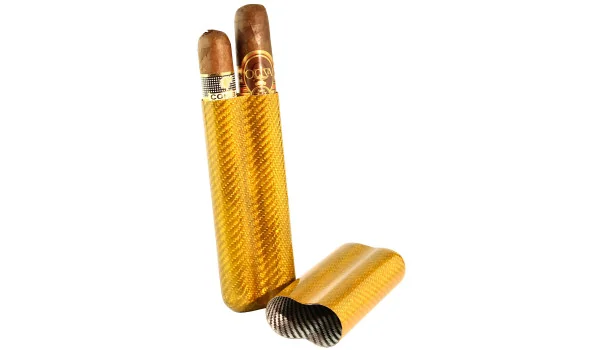 Carbon Fiber Cigar Case gold for 2 Cigars with 57 Ring Gauge