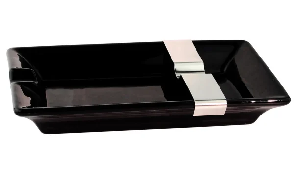 Black ceramic cigar ashtray with one rest plus flexible metal rest