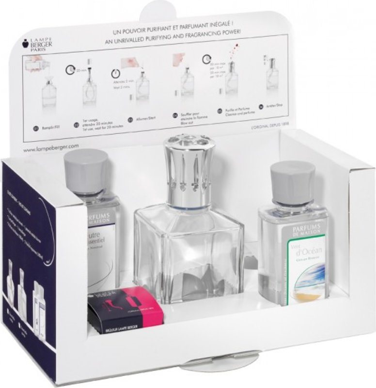 Lampe Berger Starter Set Clear Glass Cube + 180mL Neutre + 180 mL Aire